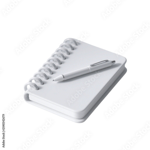 Minimalist Stationery: A clean and simple white notebook with a matching pen rests on its cover, embodying an uncluttered and organized workspace.