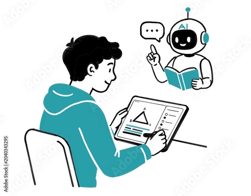 Student Learning Mathematics with Artificial Intelligence Tutor on Tablet – Educational Technology Illustration Showing AI Assisted Digital Learning