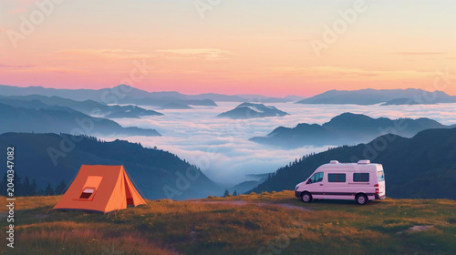Canvastavla illustration of A breathtaking mountain landscape at sunrise, featuring a camp tend and camper van on hills