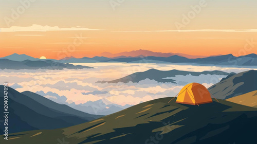 Bild auf Leinwand illustration of a breathtaking mountain landscape at sunrise
