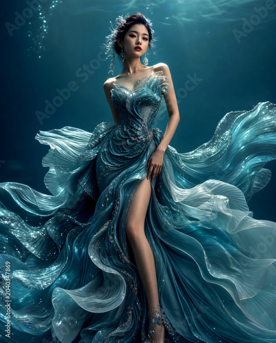 model woman wearing haute couture dress inspired by the ocean