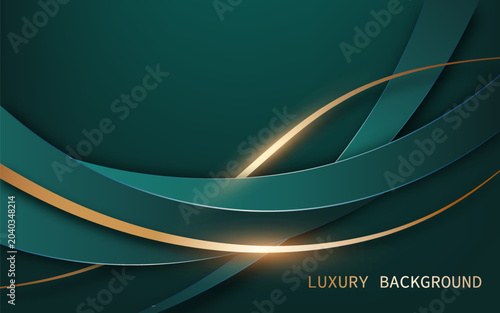 Elegant luxury abstract background with layered green curved ribbons and glowing gold accents. Vector Illustration