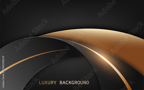 Modern luxury abstract background in elegant black and gold curved layers with smooth metallic gradients and glowing highlights. Vector Illustration