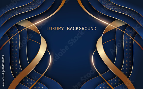 Elegant luxury abstract background in layered blue and metallic gold flowing curves with glowing highlights and dotted decorative patterns. Vector Illustration