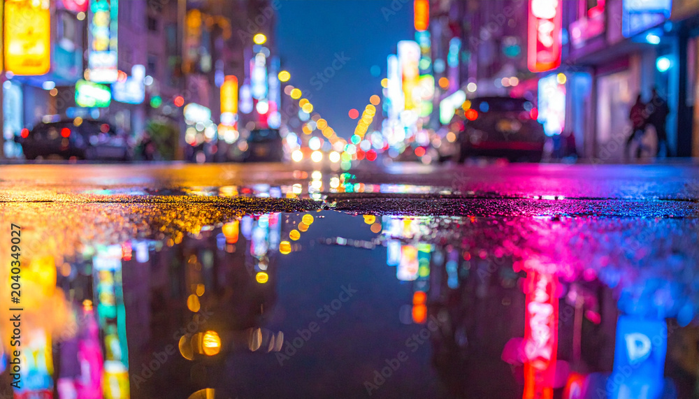 Fototapeta premium City street nighttime reflections