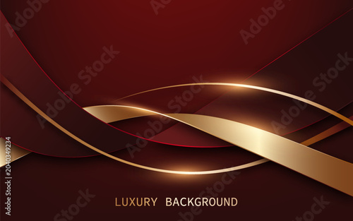 Luxurious abstract background in red layered waves combined with elegant metallic gold flowing ribbons and glowing highlights. Vector Illustration