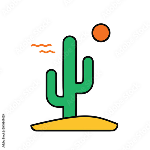 Minimalist vector illustration of a green saguaro cactus in a desert landscape with sun.