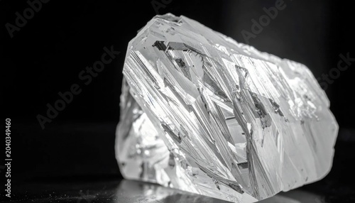 Raw uncut diamond crystal reflecting light with sharp edges and textured facets against a dark background, jewelry design, geology, mineral wealth