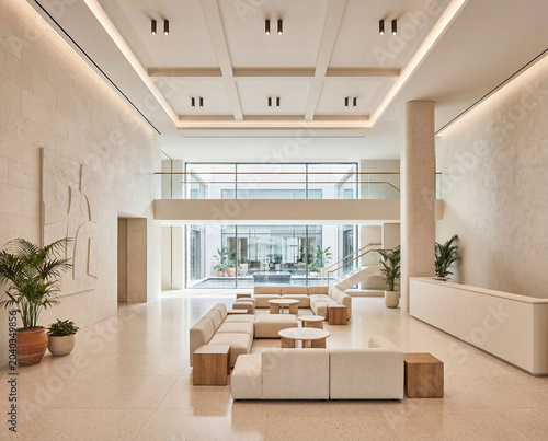 Luxury hotel suite living room interior with elegant seating and warm natural light and city view