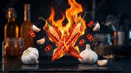 Spicy Red Chili Peppers on Fire with Flying Garlic Cloves and Slices on Dark Background