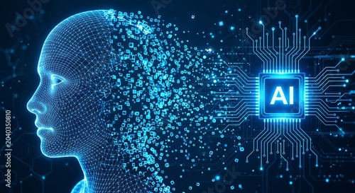 Artificial Intelligence Concept with Digital Human Head Side Profile and AI Microchip