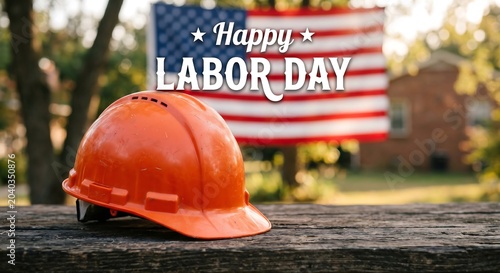 Happy Labor Day Greeting with Orange Hard Hat and American Flag Background