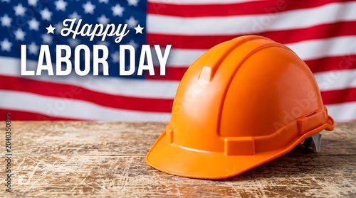 Happy Labor Day Greeting with Orange Hard Hat and American Flag Background