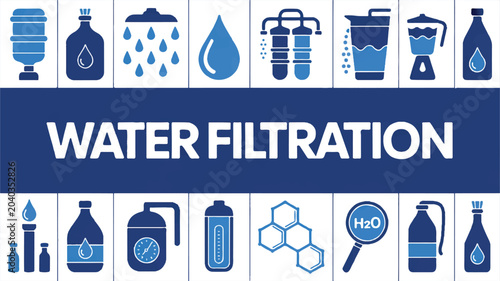 A clean minimalist icon set featuring various water filtration elements and tools