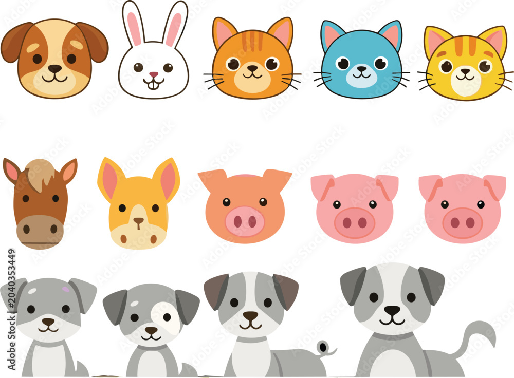 Fototapeta premium Cute farm and pet animal face collection featuring dogs cats rabbits horses and pigs cartoon vector icons for children designs