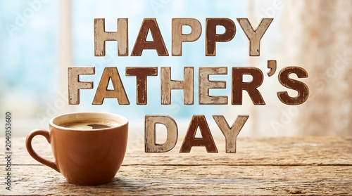 Happy father's day greeting card with a cup of hot coffee on a rustic wooden table for a morning celebration message