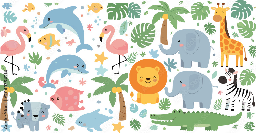 Naklejka premium Cute safari and ocean animals seamless pattern with lion, elephant, giraffe, dolphin, flamingo, crocodile, and tropical leaves in cartoon vector style for kids design