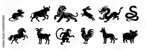 Canvas Print Black silhouettes of chinese zodiac animals including mouse, ox, tiger, rabbit, dragon, snake, horse, goat, monkey, rooster, dog, and pig