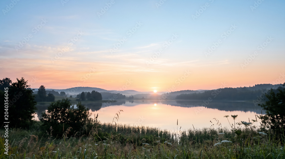 Fototapeta premium Serene misty lake at sunrise with forest reflection on water surface