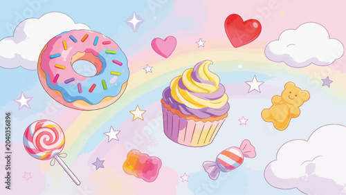 Whimsical Candy Cloud Rainbow Sweet Treat Illustration