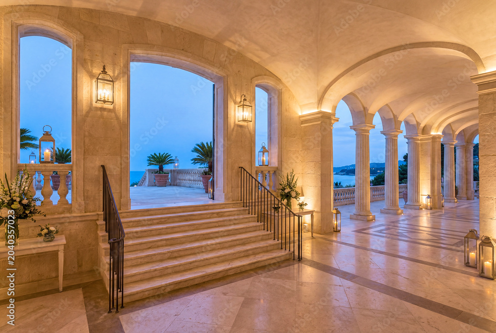 Fototapeta premium Elegant Mediterranean resort lobby with historic architecture and no people and reception wall