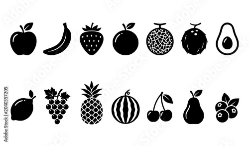 A modern solid icon set representing fresh fruits and healthy organic food concepts. Including apple, banana, strawberry, orange, cantaloupe melon, coconut, avocado, lemon, grapes, pineapple, watermel