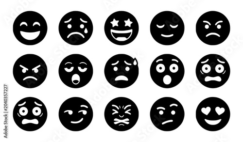 Tableau sur toile Minimalist black silhouette vector icon set of various emotional emoji faces, cl
