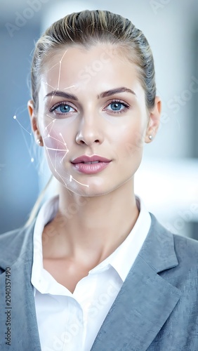 A woman with a futuristic interface superimposed on her face