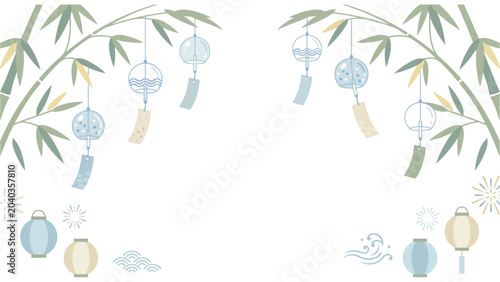 Konstfotografi Pastel Japanese summer wind chimes hanging from bamboo branches in serene decorative frame