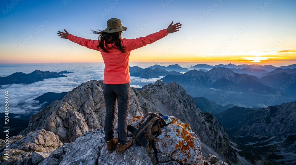 Obraz premium Hiker in coral jacket and hat from behind, outstretched arms next to backpack, standing on rocky peak, mountain range above sea of clouds at sunrise, adventure travel photography