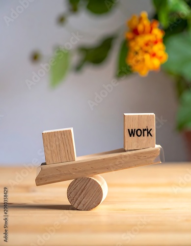A wooden seesaw with two blocks, one with 'work' text, on a table
