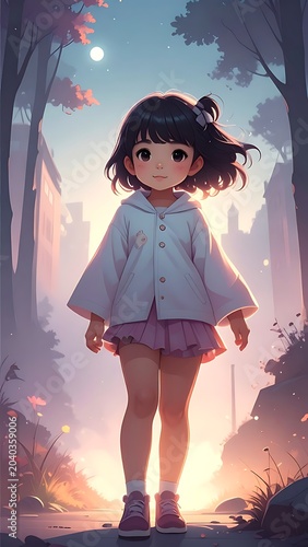 A young girl stands alone on a forest path at sunset