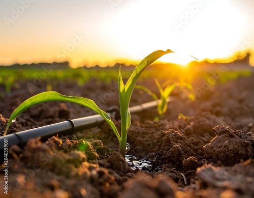 A young green plant grows in a field with irrigation