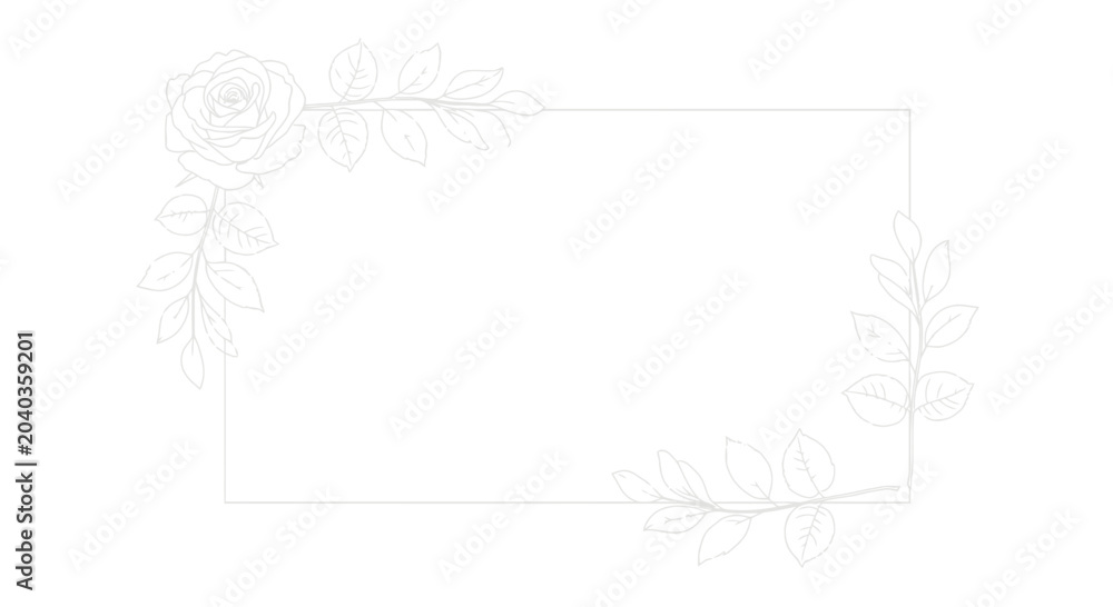 Fototapeta premium Elegant floral line art frame with rose and leaves, minimalist botanical border design