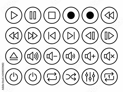 Quadro su tela A comprehensive set of outline media player control icons in circular frames, including play, pause, stop, record, fast forward, rewind, volume, power, shuffle, and repeat functions