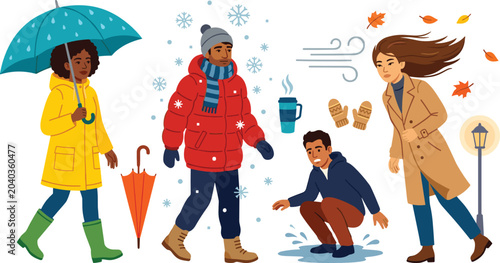 Cuadro en lienzo Diverse People in Bad Weather Vector Character Set Featuring Woman with Umbrella