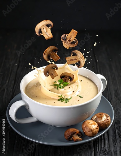 Creamy mushroom soup in a white bowl with floating mushrooms
