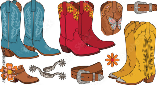 Photos Cowboy Boots and Western Fashion Accessories Set with Leather Boots, Spurs, Belt