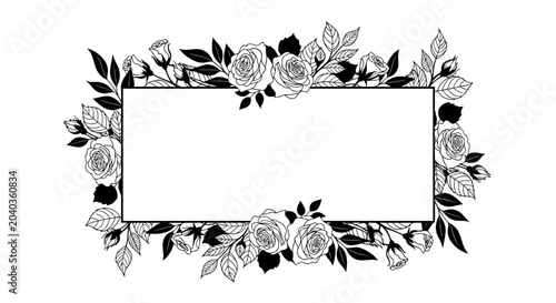 black and white floral frame with roses and leaves