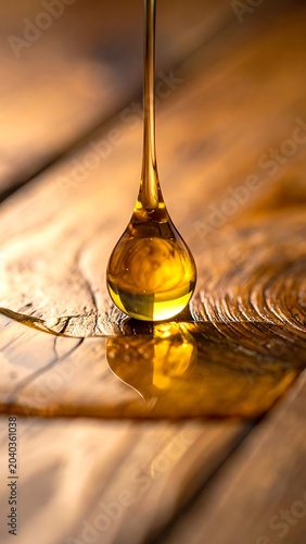 Golden liquid pouring on wooden surface