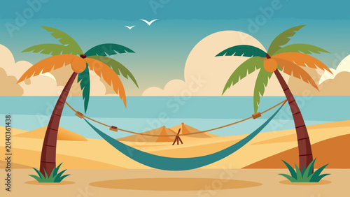Tropical beach scene with empty hammock stretched between two palm trees tropical vacation coastline landscape illustration serenity seascape destination shoreline background palmtrees