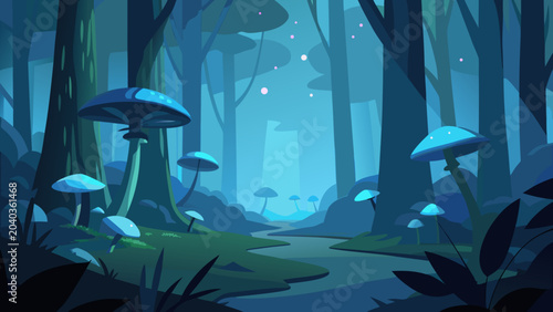 Bild auf Leinwand Enchanted glowing forest with bioluminescent mushrooms at night fairy tale mushr