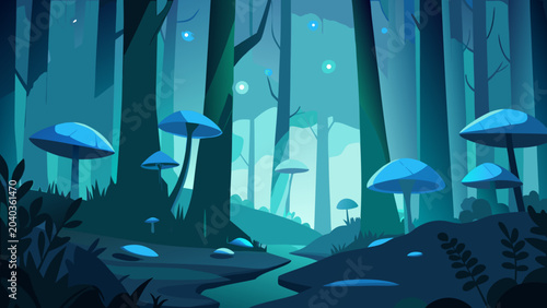 Foto Magical bioluminescent forest landscape with glowing mushrooms at night fairy ta