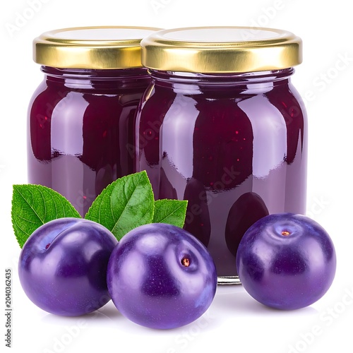 Two jars of purple jam with gold lids and three purple fruits