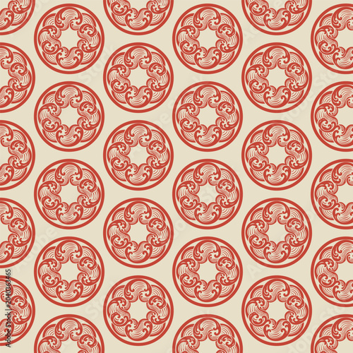 Traditional Japanese Wave Crest Circular Motif Seamless Pattern in Red and Cream
