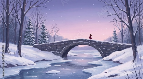 Snowflakes kiss an ethereal bridge under a lavender twilight, whispering solstice secrets and invoking Japanese Yuki Matsuri dreams