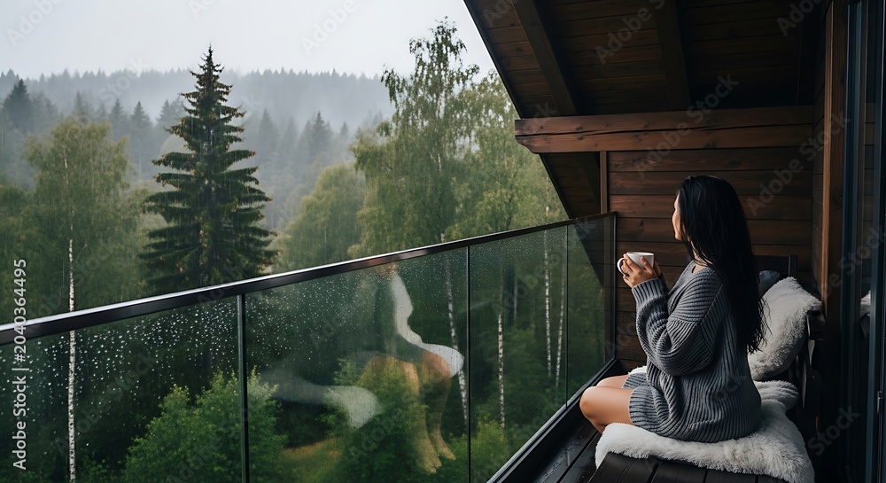 Fototapeta premium Woman feeding deer from a wooden deck overlooking forest.