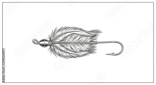 Vintage Fishing Fly Lure, Feathered Hook, Hand-Drawn Illustration, Angling Gear