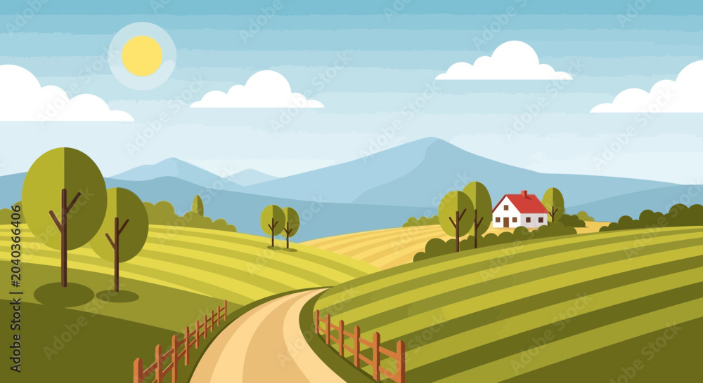 Fototapeta premium Scenic countryside landscape with rolling hills, farm, and winding road under a sunny sky.
