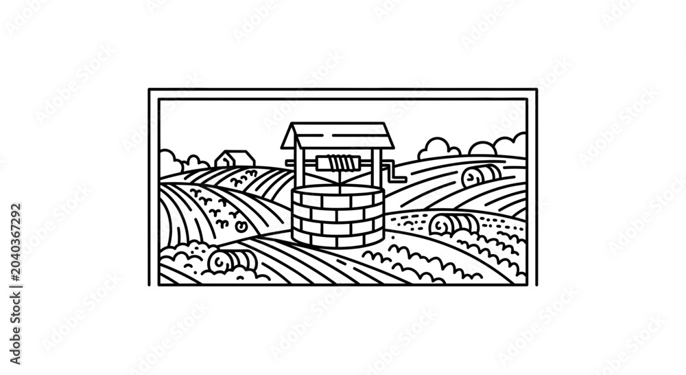 Obraz premium Farm Landscape with Well, Hay Bales, and Fields - Rural Countryside Illustration